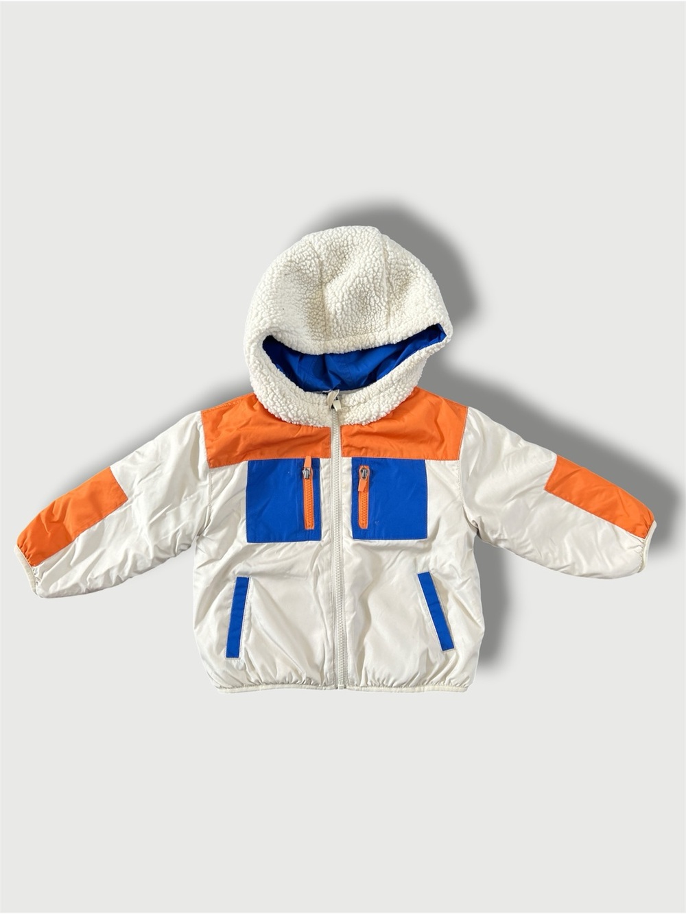 Old Navy Size 3T Reversible Faux Sherpa Color Block Zip Up Hooded Jacket